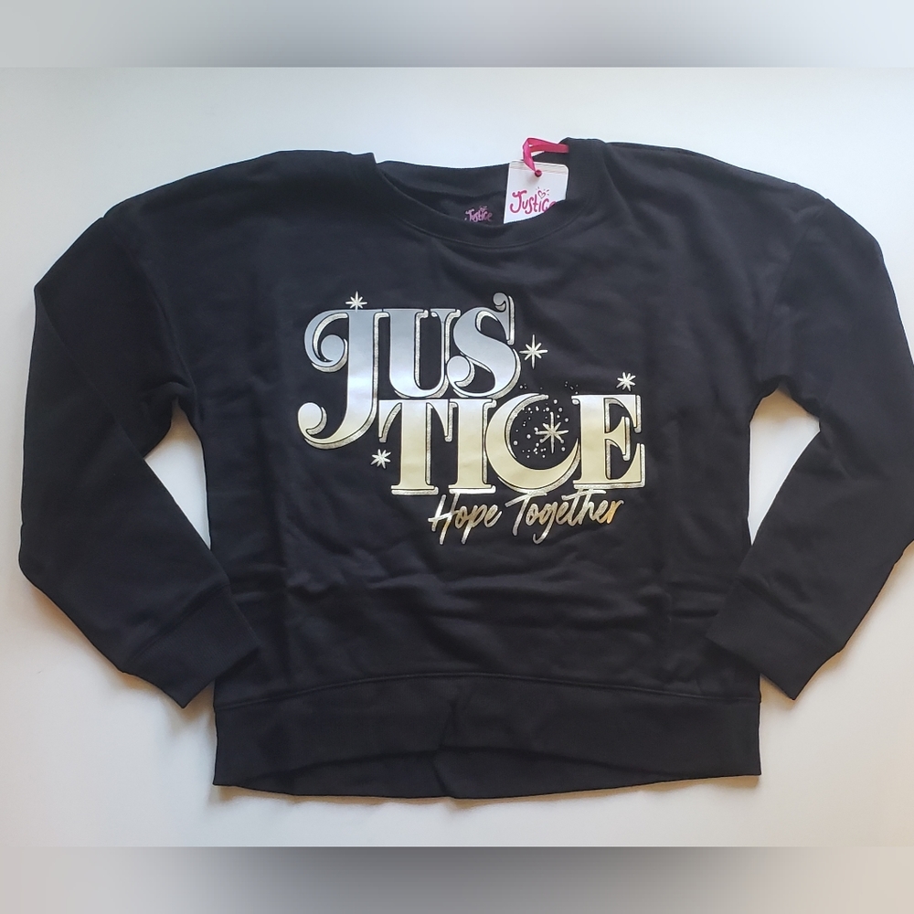 Justice Girls Black Sweatshirt Soft Pullover Long Sleeve Graphic Logo Size 10